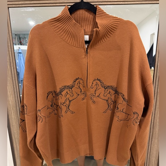Anthropologie Sweaters - Anthropologie Maeve Montana Mock Neck Half Zip Horse Sweater Size XL NWT